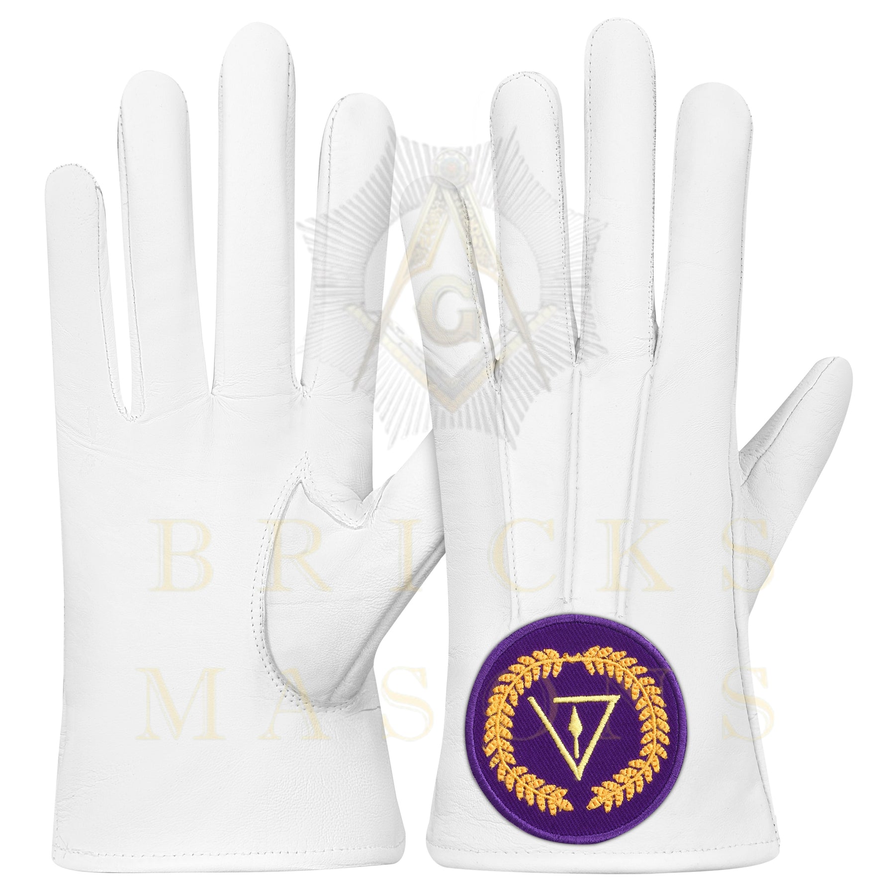 Grand Council Gloves - White Leather With Purple Patch - Bricks Masons
