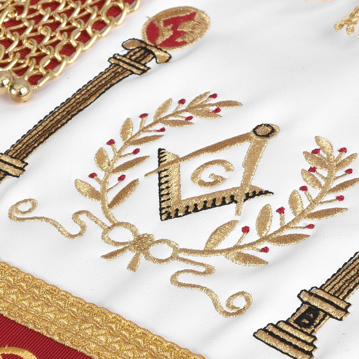 Master Mason Blue Lodge Apron - Red & Gold Hand Embroidery Bullion With Wreath & Pillars - Bricks Masons