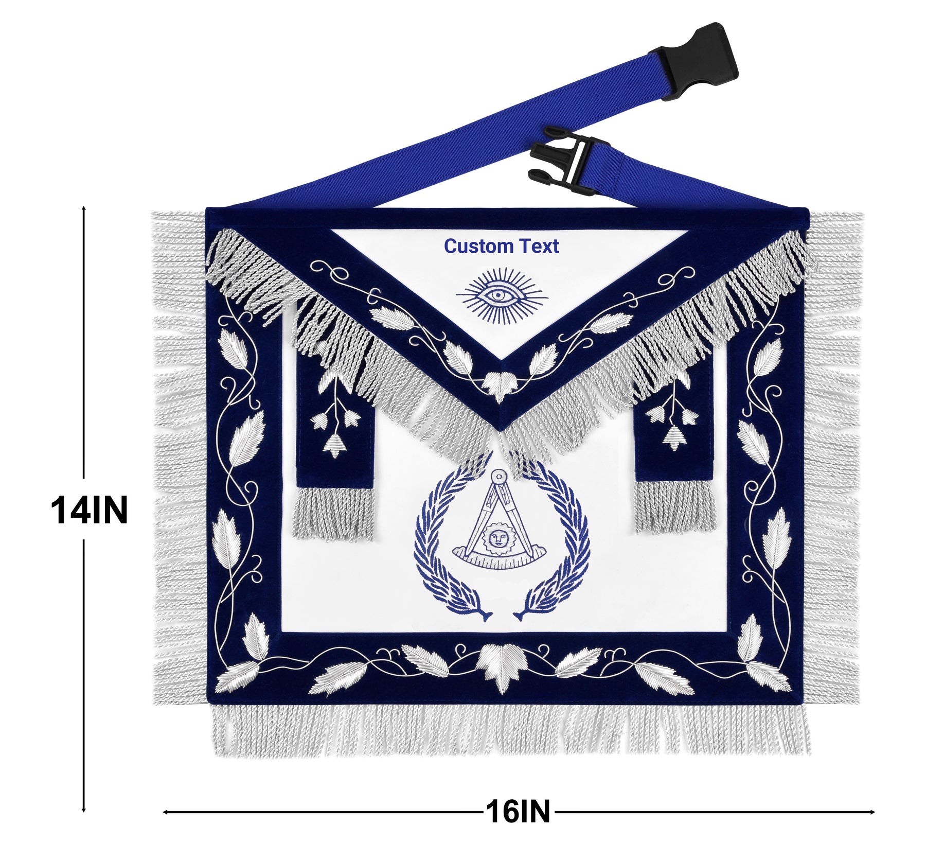 Past Master Blue Lodge Apron - Blue Velvet Silver Bullion With Wreath & Fringe - Bricks Masons