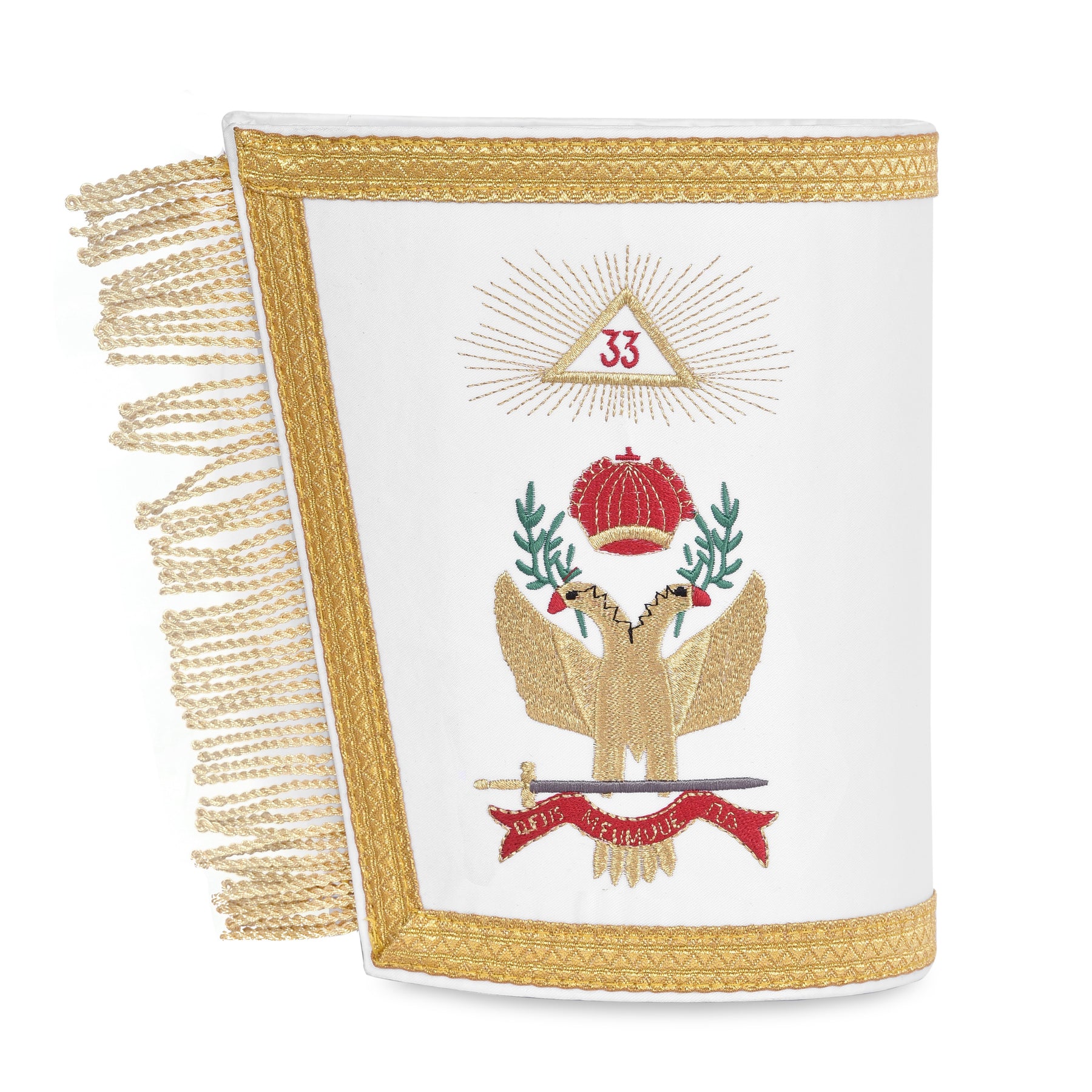 33rd Degree Scottish Rite Cuff - White Silk with Gold Machine Embroidery Bullion