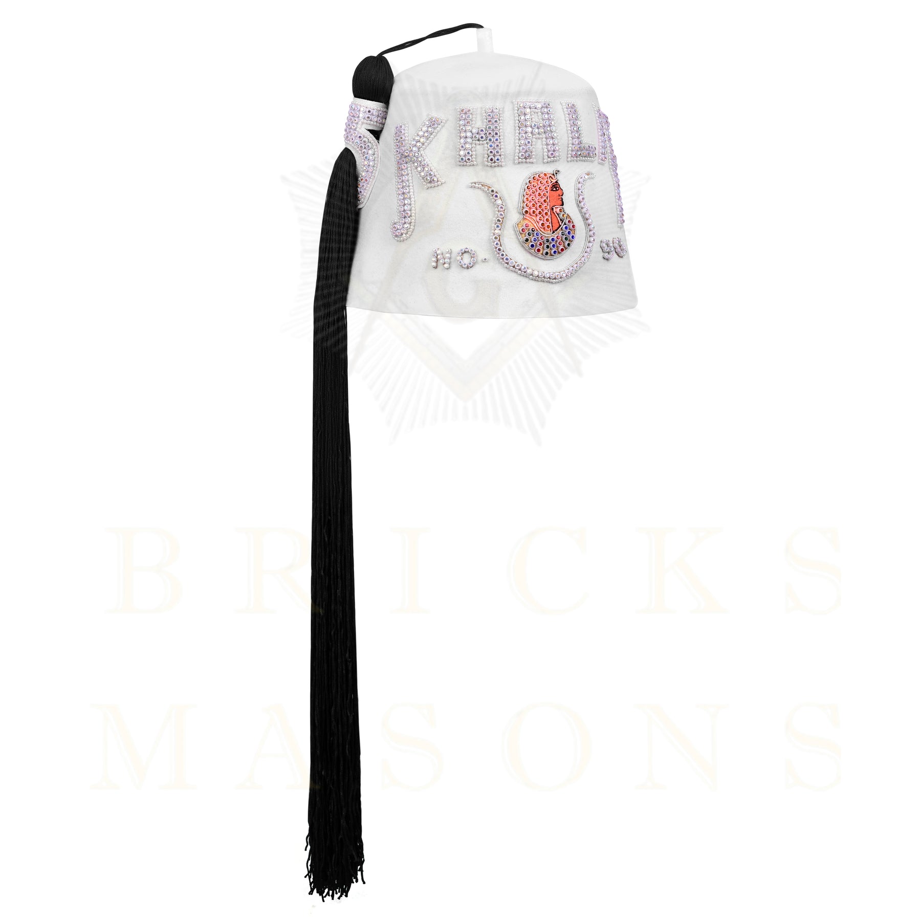 DOI Fez Hat - Pure White With Rhinestones (2 Rows as pictured) - Bricks Masons
