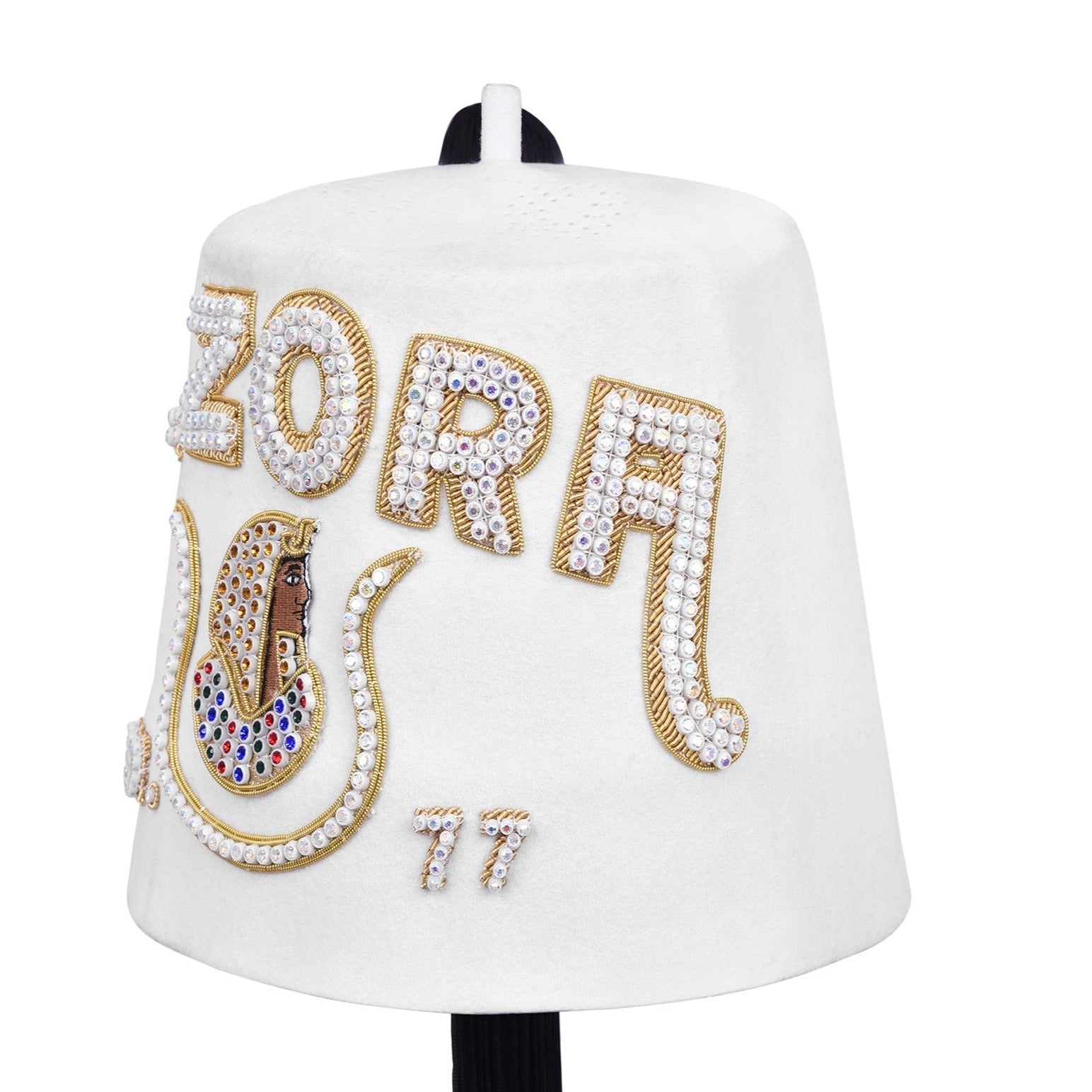 DOI PHA Fez Hat - Pure White With Rhinestones (2 Rows as pictured) - Bricks Masons