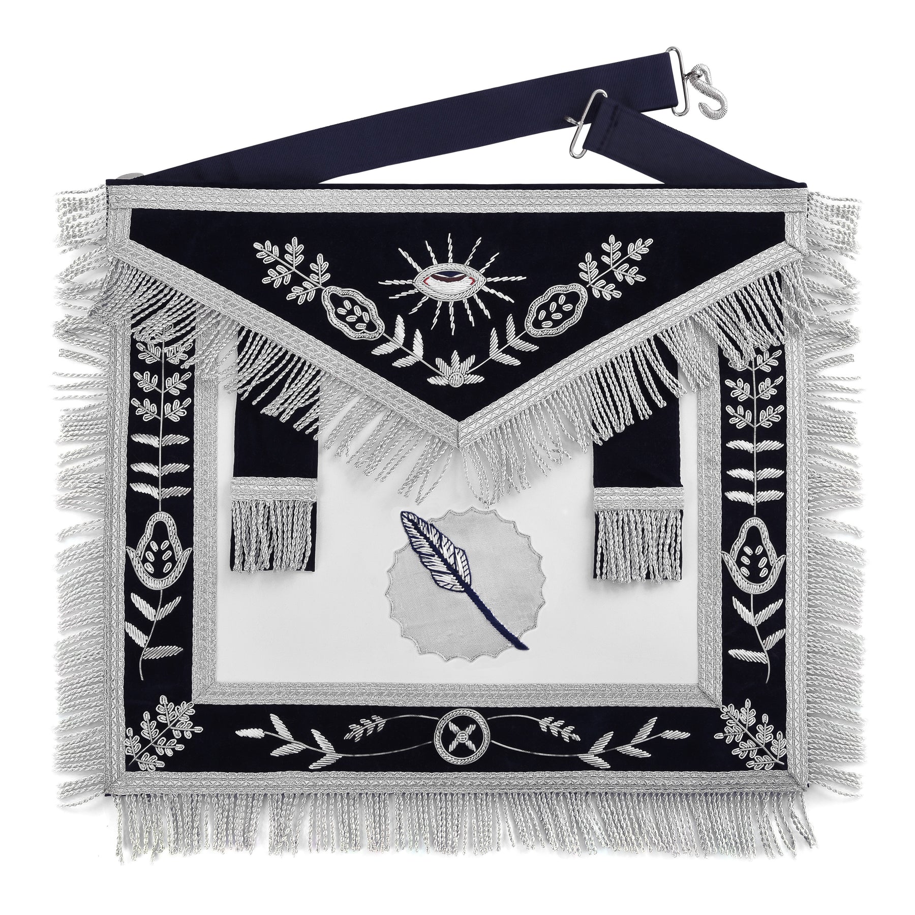 Assistant Secretary Blue Lodge Officer Apron - Dark Blue With Silver Hand Embroidery Bullion