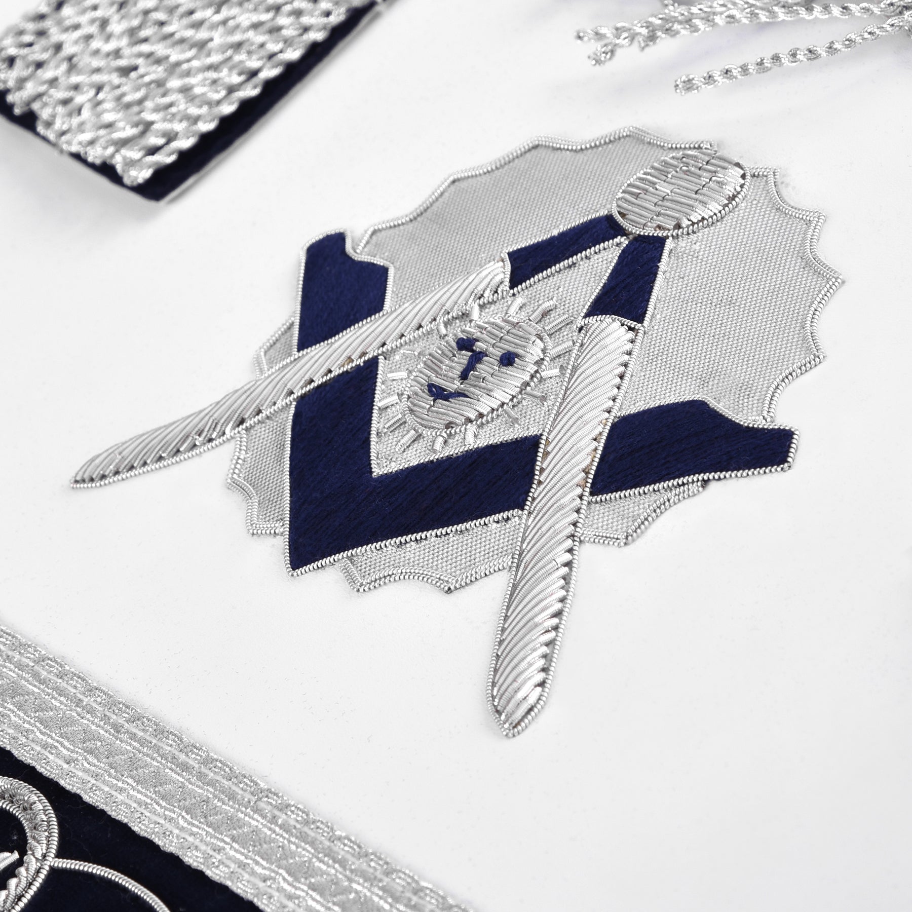 Senior Deacon Blue Lodge California Officer Apron - Dark Blue With Silver Hand Embroidery Bullion