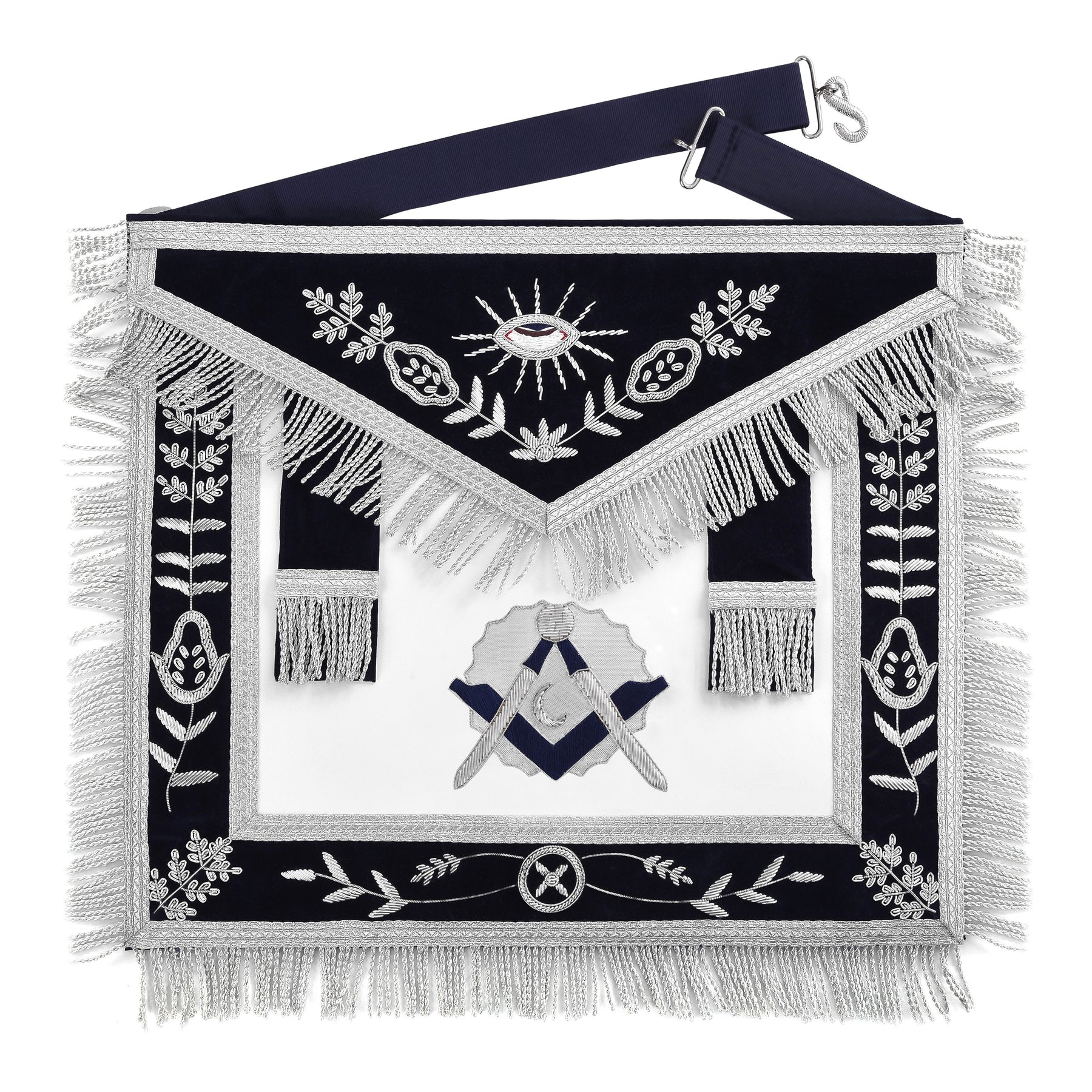 Junior Deacon Blue Lodge Officer Apron - Dark Blue With Silver Hand Embroidery Bullion
