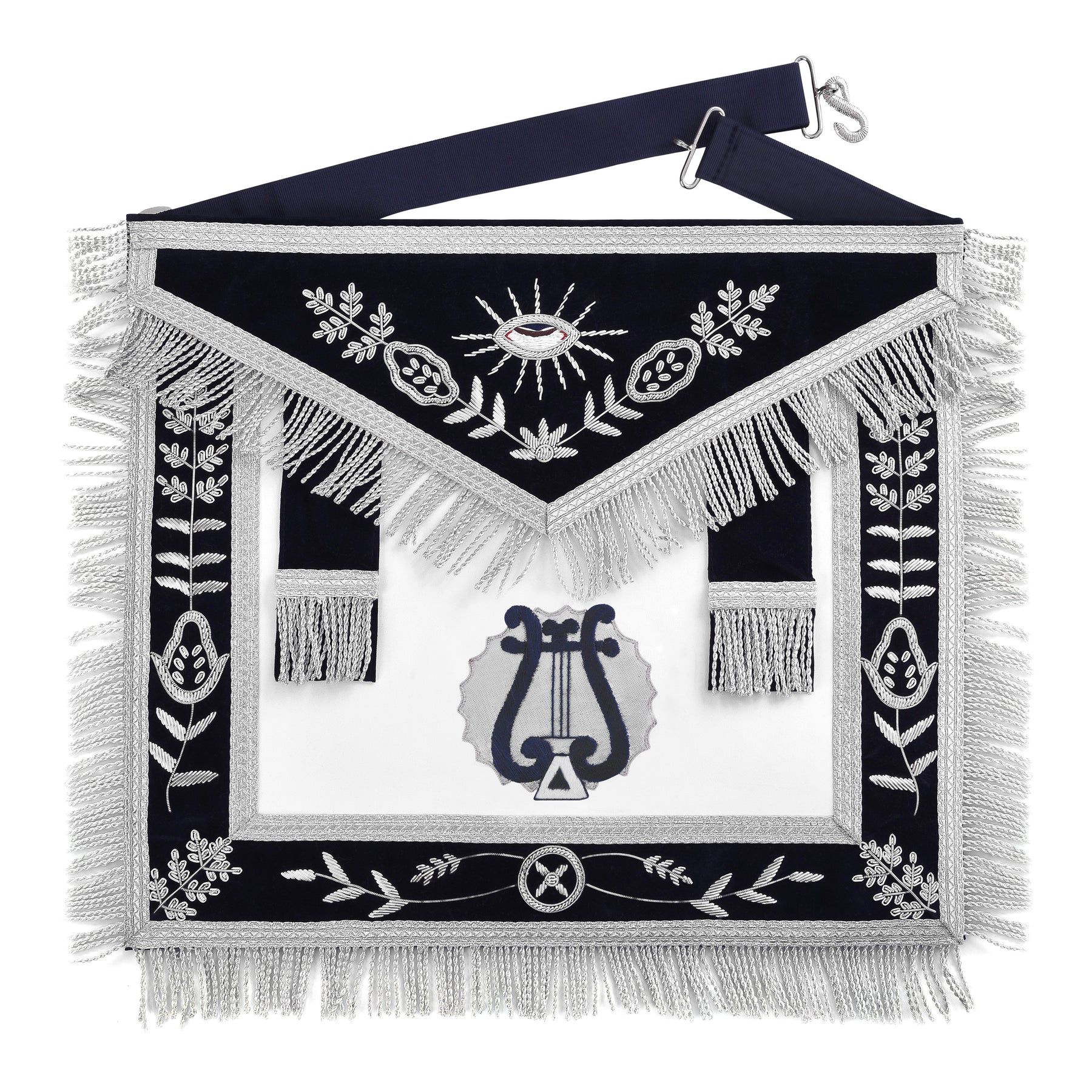 Organist Blue Lodge Officer Apron - Dark Blue With Silver Hand Embroidery Bullion