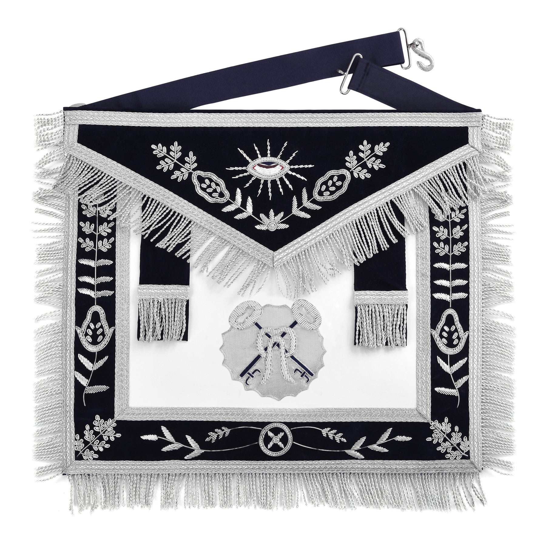 Treasurer Blue Lodge Officer Apron - Dark Blue With Silver Hand Embroidery Bullion