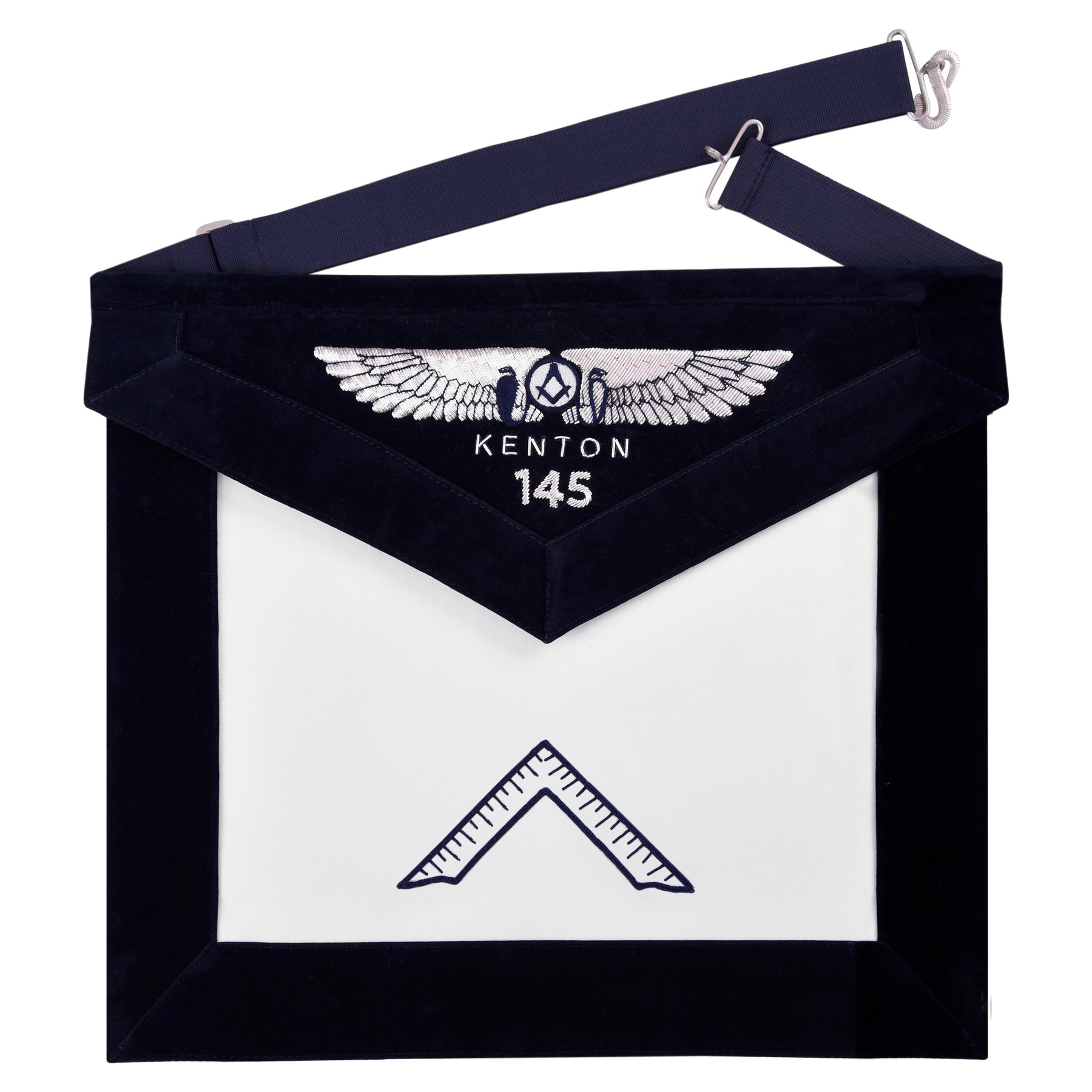 Worshipful Master Officer Apron - Kenton Lodge Navy Velvet With Silver Embroidery Thread