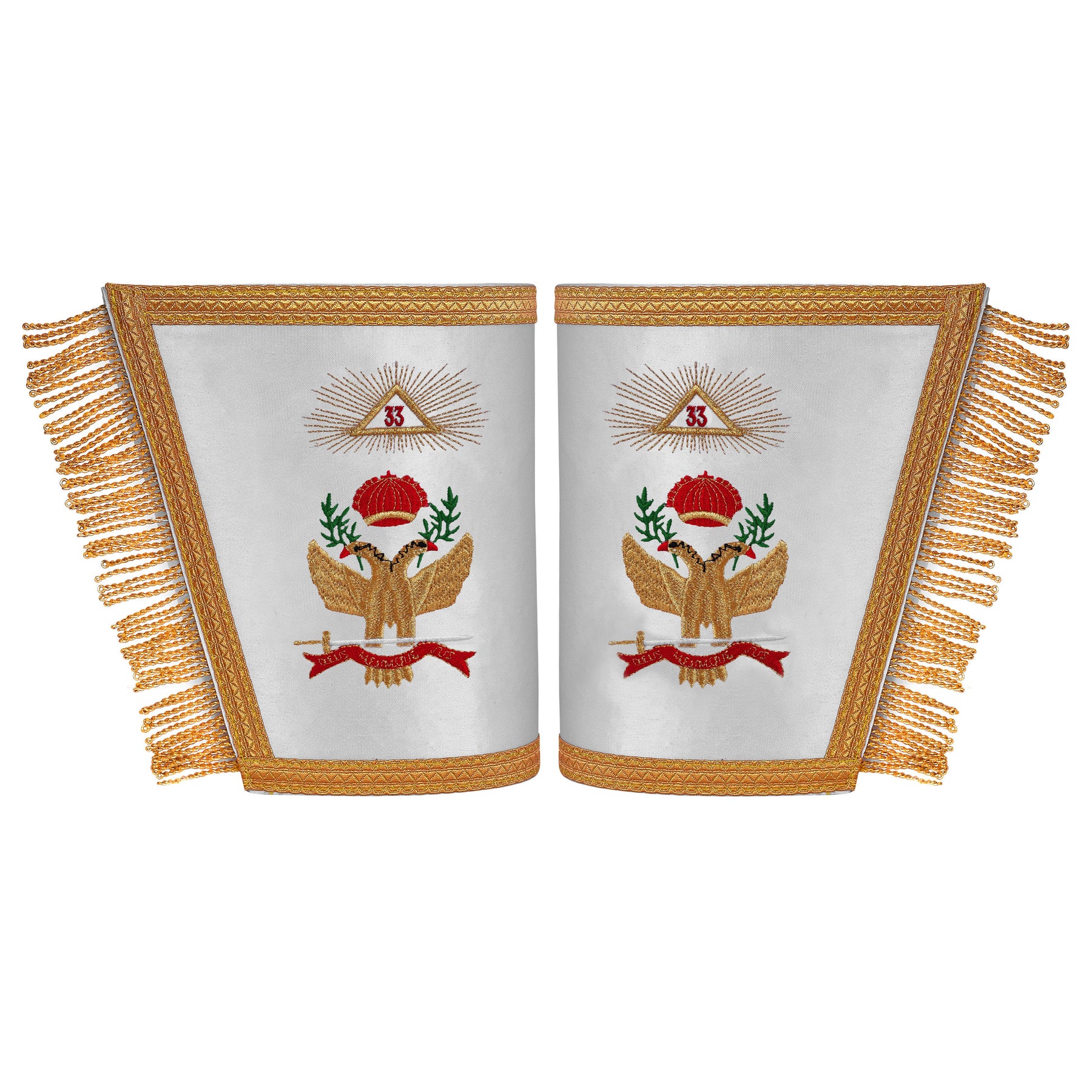 33rd Degree Scottish Rite Cuff - White Silk with Machine Embroidery Bullion - Bricks Masons