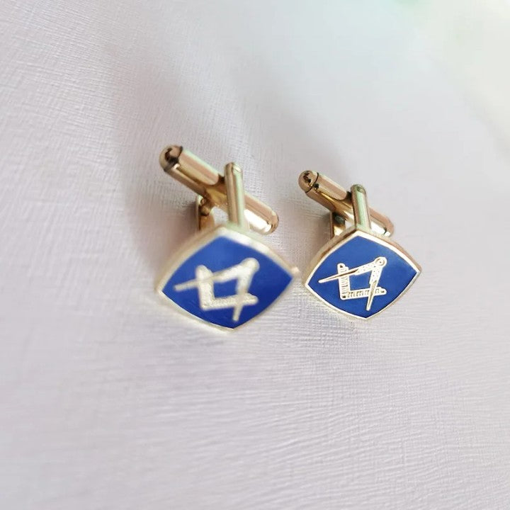 Master Mason Blue Lodge Cufflink - 1 Pair Blue Enamel Square & Compass - Bricks Masons