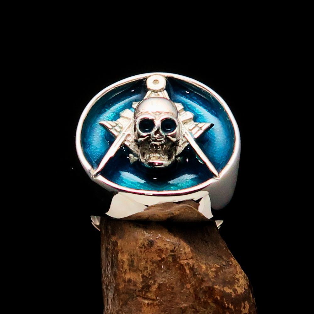 Master Mason Blue Lodge Ring - Blue Sterling Silver With Skull Square and Compass