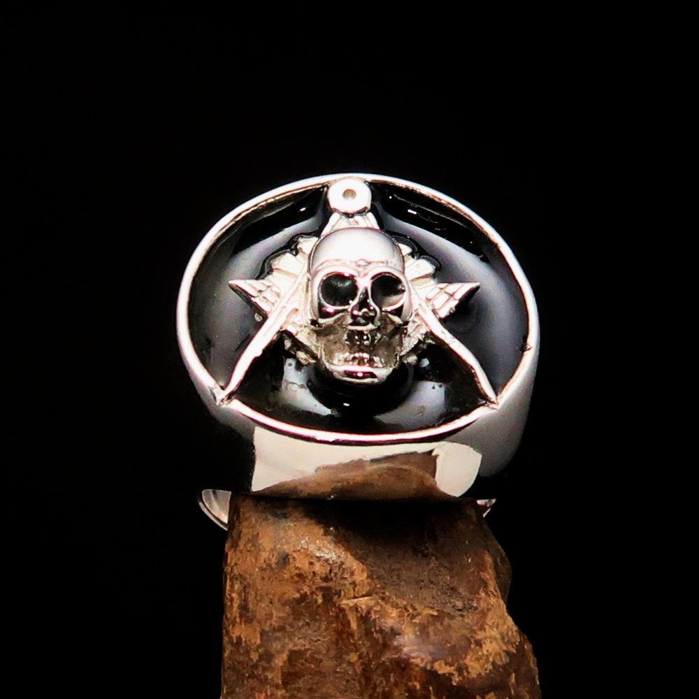 Master Mason Blue Lodge Ring - Black Sterling Silver With Skull Square and Compass