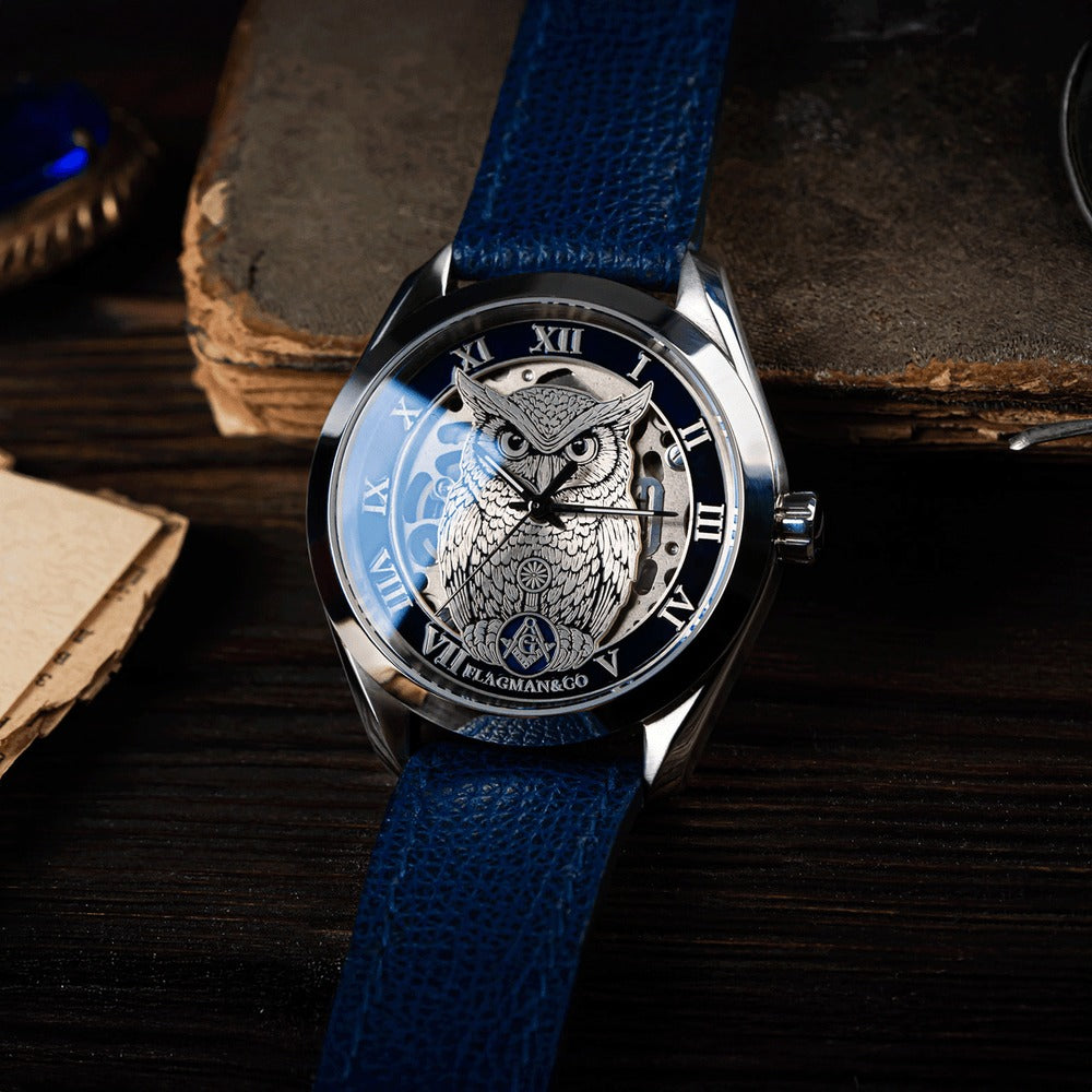 Reloj de pulsera Master Mason Blue Lodge - Búho con bisel azul, escuadra y compás G