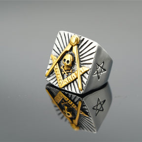 Widows Sons Ring - Silver And Gold Square & Compass With Skull Inside - Bricks Masons