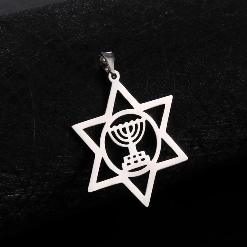 Ancient Israel Pendant - Menorah David Star Stainless Steel  Hexagram - Bricks Masons