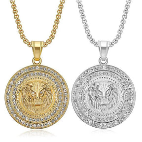 Ancient Israel Necklace - Gold Color stainless steel Lion Head with rhinestone Pendant Necklace - Bricks Masons