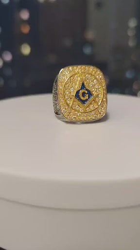 Master Mason Blue Lodge Ring - Prince Hall Gold Face With Rhinestones - Bricks Masons