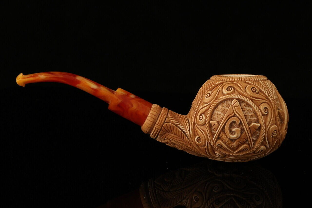 Master Mason Blue Lodge Meerschaum Pipe - Handcrafted With Square & Compass G - Bricks Masons