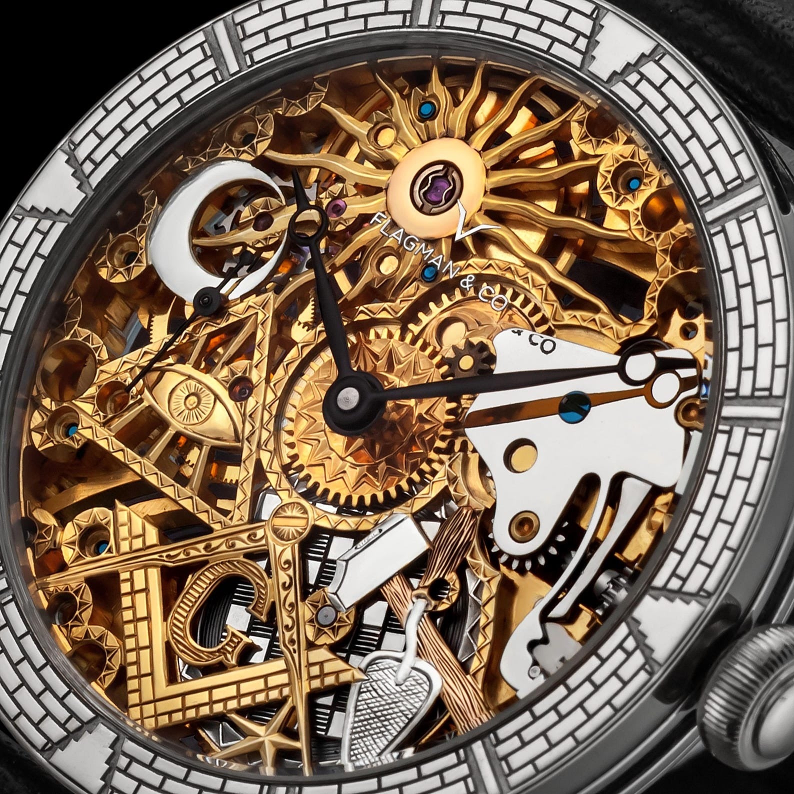 Master Mason Blue Lodge Wristwatch - Gold & Silver Masonic Symbols Skeleton - Bricks Masons