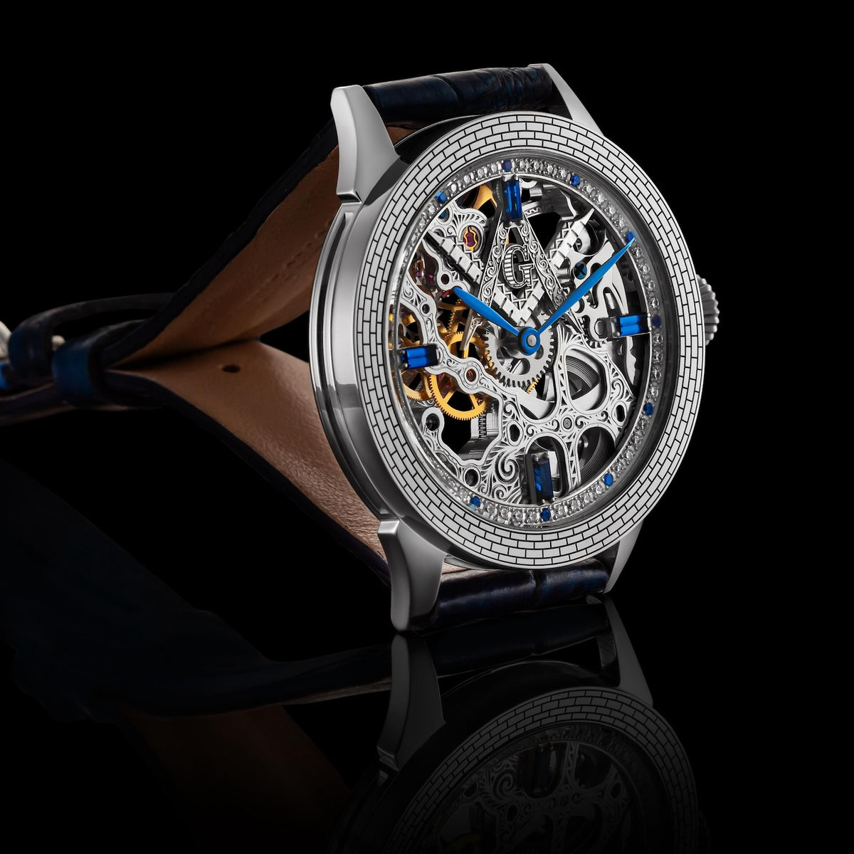 Master Mason Blue Lodge Wristwatch -  Silver Skeleton With Blue Leather Strap - Bricks Masons