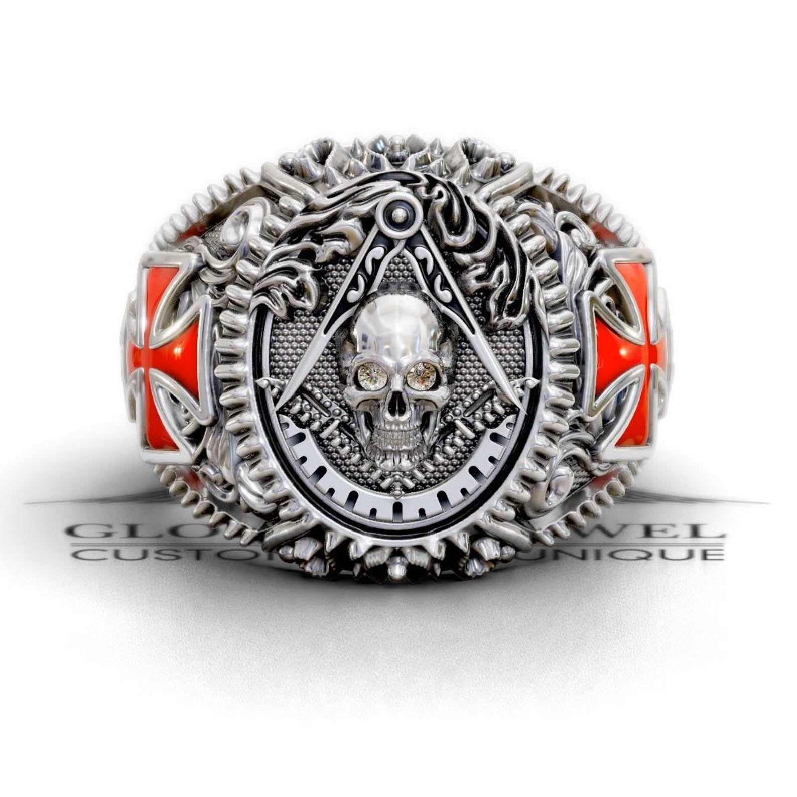 Master Mason Blue Lodge Ring - Square & Compass With Skull & Red Cross - Bricks Masons
