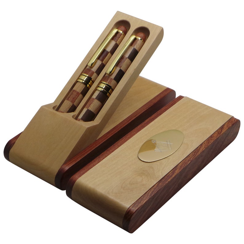 Master Mason Blue Lodge Pen - Wood Double Pen Set Desk - Bricks Masons