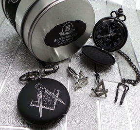 Master Mason Blue Lodge Pocket Watch - Black Luxury Set With Cufflinks Custom Engraving - Bricks Masons