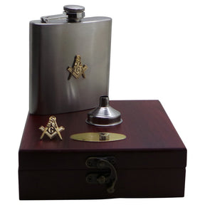 Master Mason Blue Lodge Flask - Gold Lapel Pin Gift Set in Wooden Case