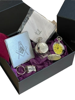 Master Mason Blue Lodge Pocket Watch - Engraved Silver & Handkerchief Gift Set - Bricks Masons