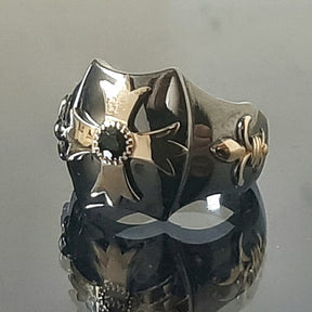 Order Of Malta Ring - Blackened Sterling Silver Blue-Green Sapphire - Bricks Masons