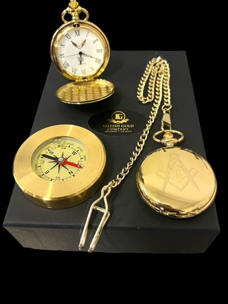 Master Mason Blue Lodge Pocket Watch - 24k Gold Clad and Compass in Luxury Gift Set - Bricks Masons
