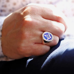 Master Mason Blue Lodge Ring - Solid Gold & Blue Enamel