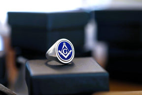 Master Mason Blue Lodge Ring - Solid Gold & Blue Enamel