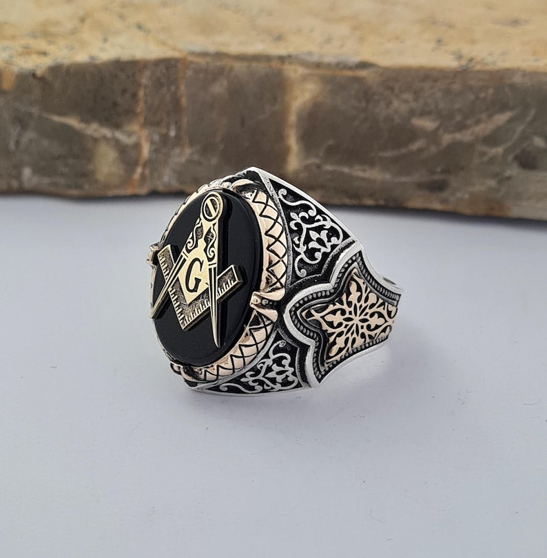 Master Mason Blue Lodge Ring - Sterling Silver Onyx - Bricks Masons