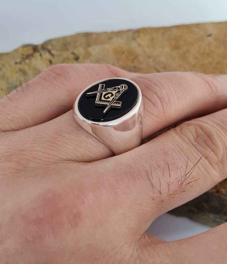 Master Mason Blue Lodge Ring - Handmade Sterling Silver Onyx - Bricks Masons