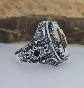 Master Mason Blue Lodge Ring - Handmade Sterling Silver Mother of Pearl - Bricks Masons
