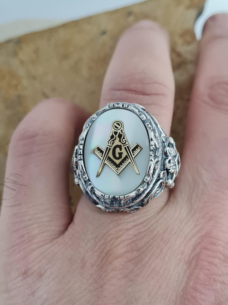 Master Mason Blue Lodge Ring - Handmade Sterling Silver Mother of Pearl - Bricks Masons