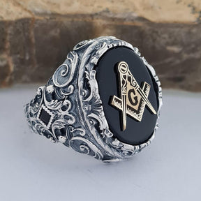 Master Mason Blue Lodge Ring - Handmade Sterling Silver Onyx - Bricks Masons