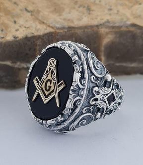 Master Mason Blue Lodge Ring - Handmade Sterling Silver Onyx - Bricks Masons