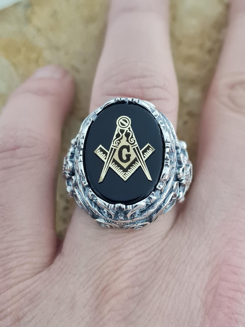 Master Mason Blue Lodge Ring - Handmade Sterling Silver Onyx - Bricks Masons