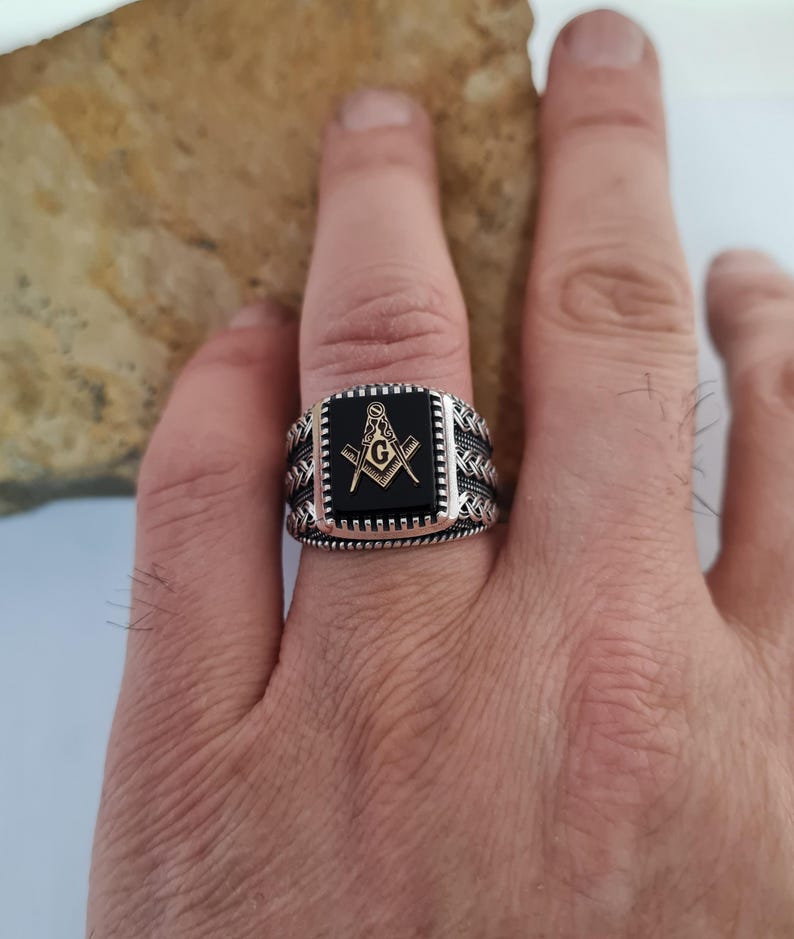 Master Mason Blue Lodge Ring - Handmade Sterling Silver Onyx - Bricks Masons