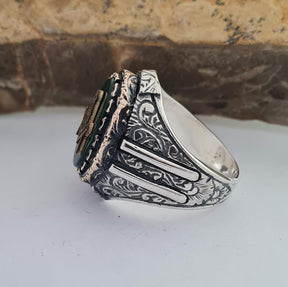 Master Mason Blue Lodge Ring - Handmade Sterling Silver Green Agate - Bricks Masons