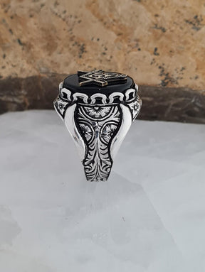 Master Mason Blue Lodge Ring - Black Onyx Freemason Symbol - Bricks Masons