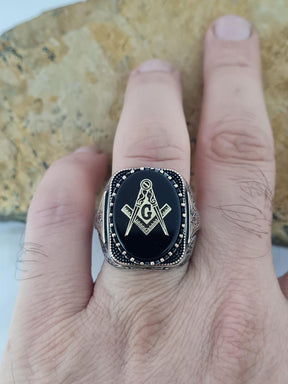 Master Mason Blue Lodge Ring - Handmade Sterling Silver Black Onyx - Bricks Masons