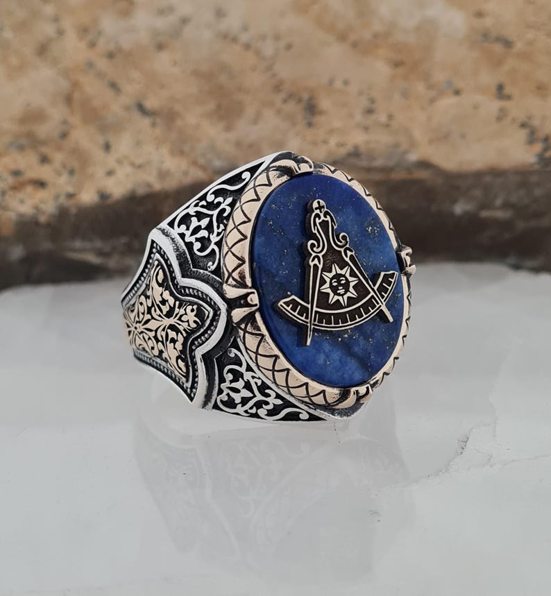 Master Mason Blue Lodge Ring - Handmade Sterling Silver Lapis Lazuli - Bricks Masons