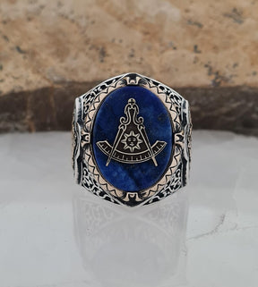 Master Mason Blue Lodge Ring - Handmade Sterling Silver Lapis Lazuli - Bricks Masons
