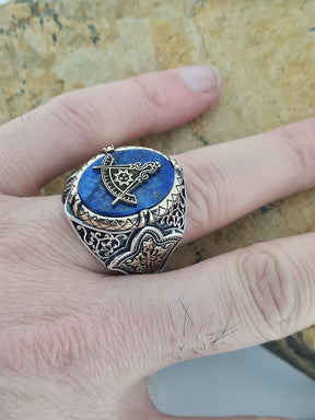 Master Mason Blue Lodge Ring - Handmade Sterling Silver Lapis Lazuli - Bricks Masons