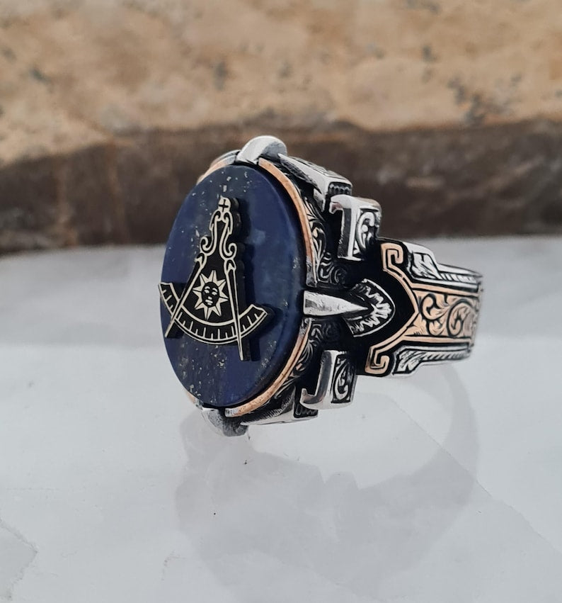 Master Mason Blue Lodge Ring - Handmade Sterling Silver Lapis Lazuli - Bricks Masons