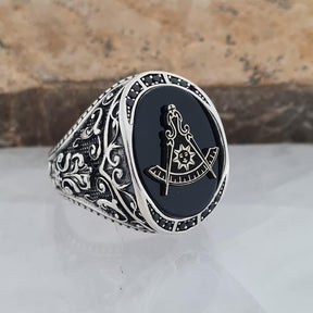 Master Mason Blue Lodge Ring - Sterling Silver Black Onyx - Bricks Masons