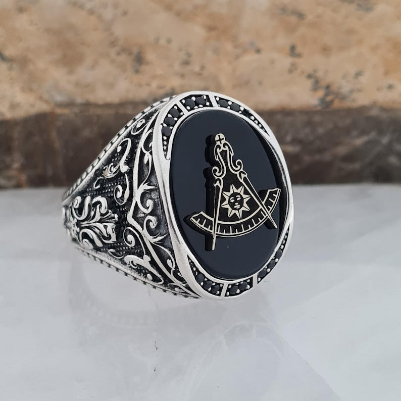 Master Mason Blue Lodge Ring - Sterling Silver Black Onyx - Bricks Masons